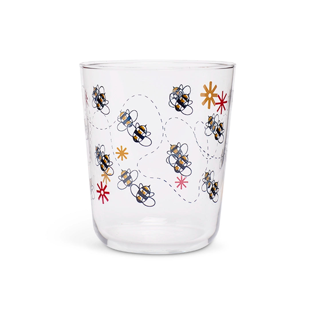 Clear juice glass with illustrated bumblebees on dotted flight paths and small flowers