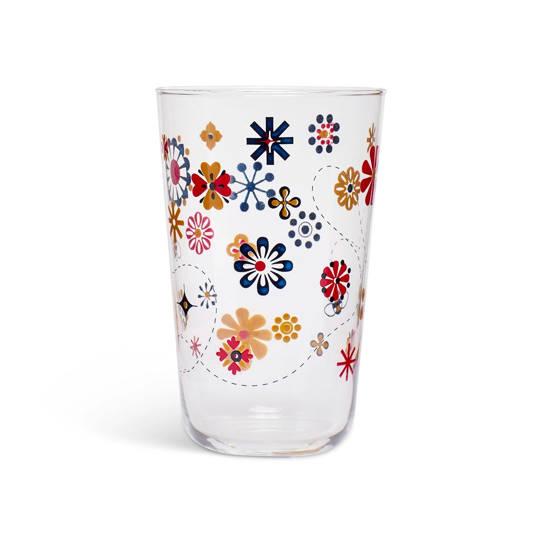 Clear tumbler with colorful folk-style daisies and small bees on dotted flight paths