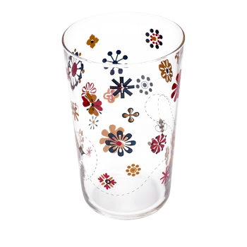 Daisies & Bees Tumbler decorative glassware, with a crisp silhouette and decorative details that stand out on the table; versatile for water, cocktails, juice, or building a more expressive glassware mix. Additional view helps show the profile, scale, and decorative details.