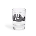 Clear shot glass with a black hand-drawn NYC skyline and Brooklyn Bridge band, side view