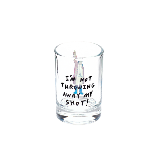Hamilton - Not Throwing Away My Shot- Shot Glass compact glassware, with a crisp silhouette and decorative details that stand out on the table; a playful, space-saving piece for shots, tasting pours, or bar-cart display. Alternate product view shows more of the shape, finish, and design details.