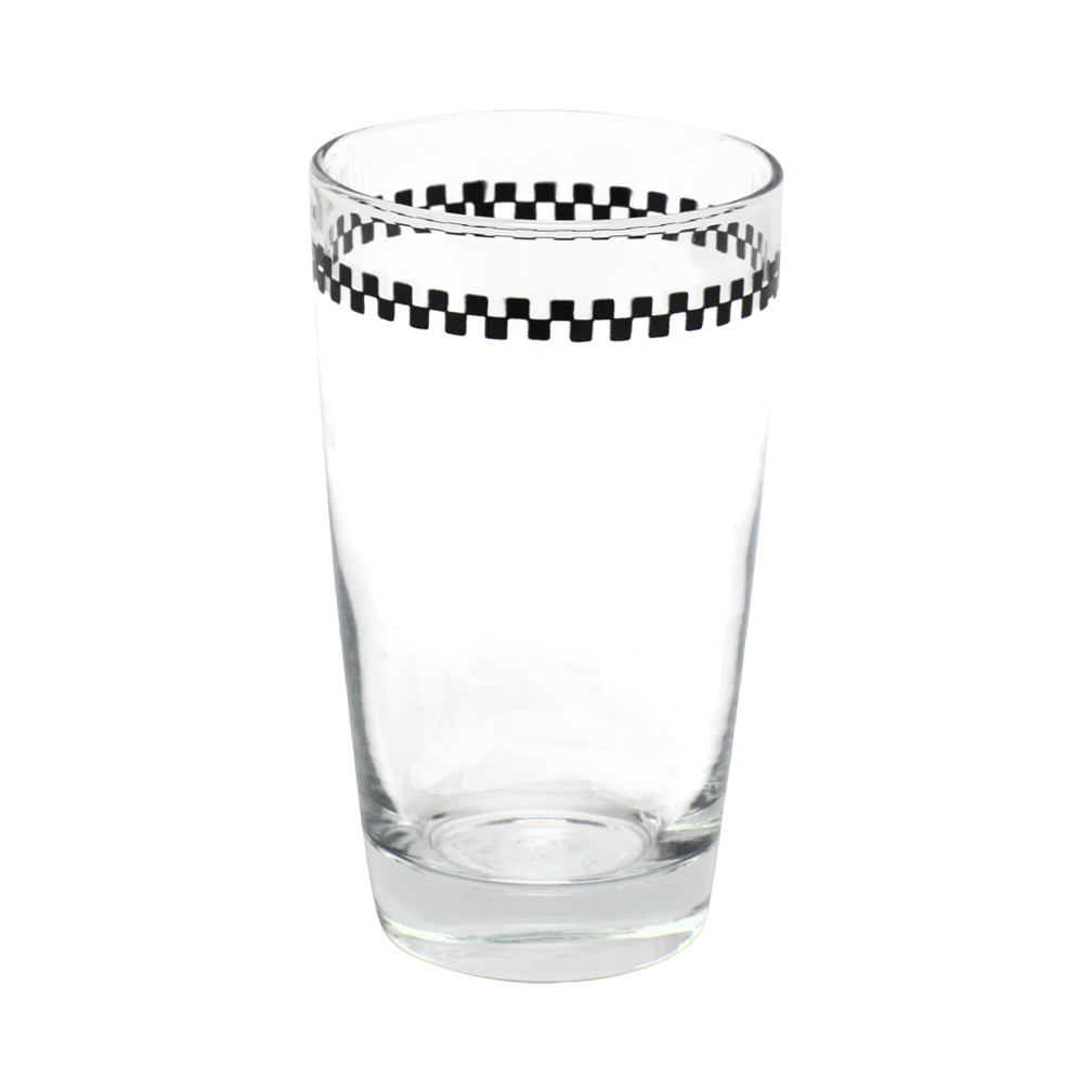 Checkerboard - Juice Glass compact glassware, with a crisp silhouette and decorative details that stand out on the table; an easy everyday size for juice, water, small cocktails, or breakfast service. Alternate product view shows more of the shape, finish, and design details.