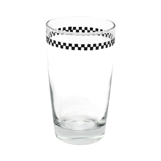 Checkerboard - Juice Glass compact glassware, with a crisp silhouette and decorative details that stand out on the table; an easy everyday size for juice, water, small cocktails, or breakfast service. Alternate product view shows more of the shape, finish, and design details.