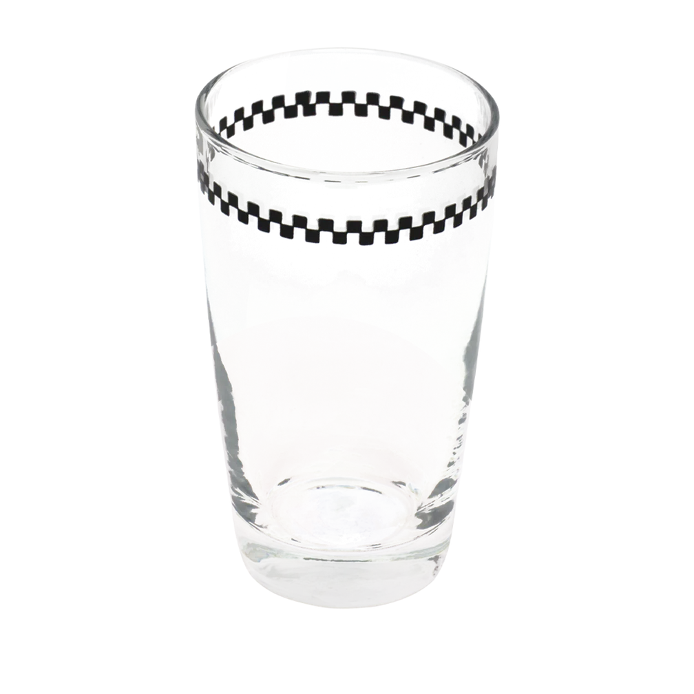 Checkerboard - Juice Glass compact glassware, with a crisp silhouette and decorative details that stand out on the table; an easy everyday size for juice, water, small cocktails, or breakfast service. Additional view helps show the profile, scale, and decorative details.