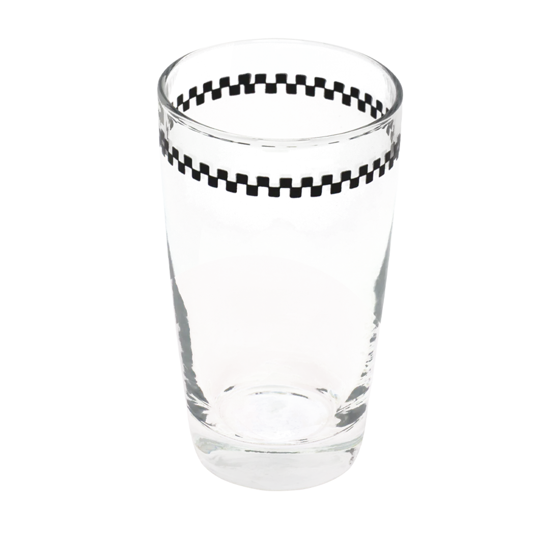 Checkerboard - Juice Glass compact glassware, with a crisp silhouette and decorative details that stand out on the table; an easy everyday size for juice, water, small cocktails, or breakfast service. Additional view helps show the profile, scale, and decorative details.