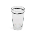 Checkerboard juice glass from above showing the band through the glass