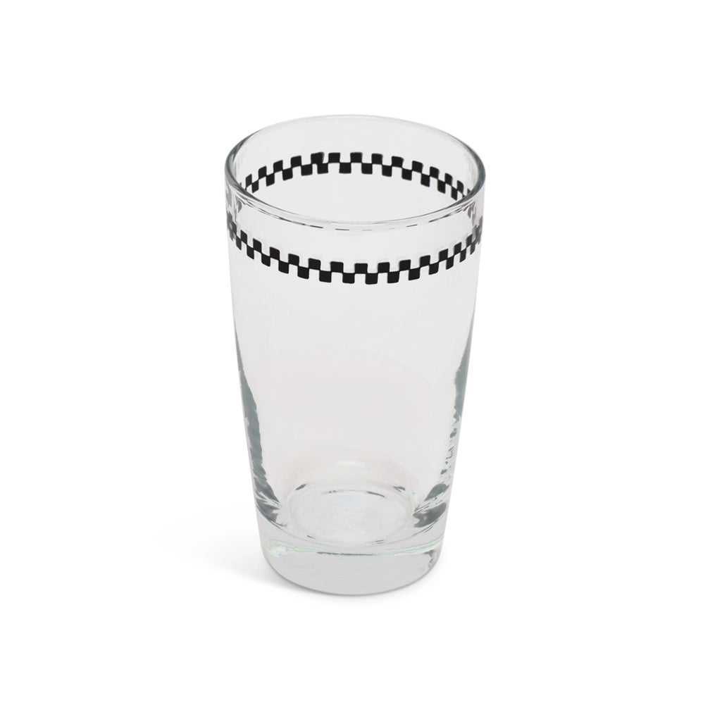 Checkerboard juice glass from above showing the band through the glass