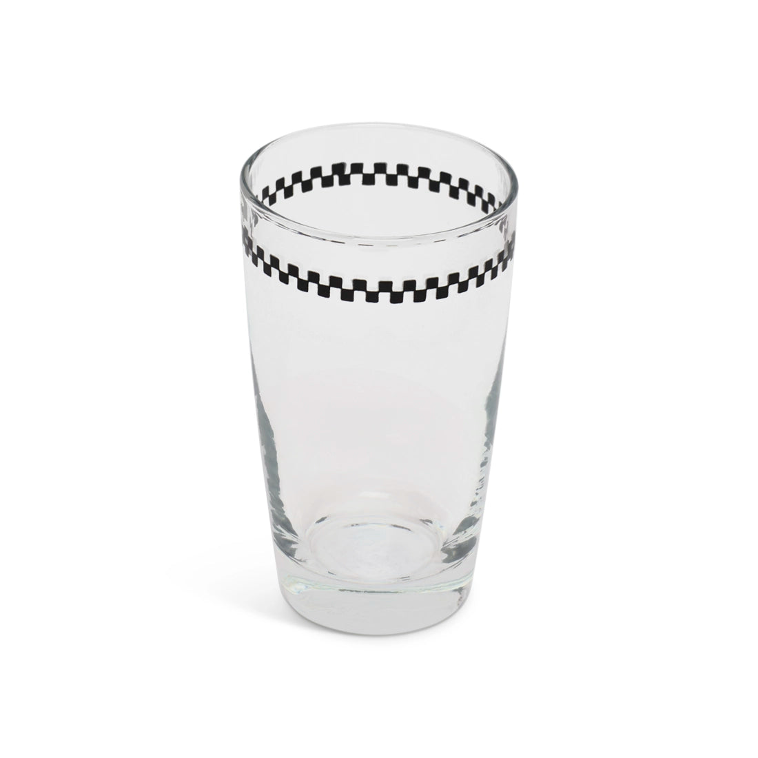 Checkerboard juice glass from above showing the band through the glass