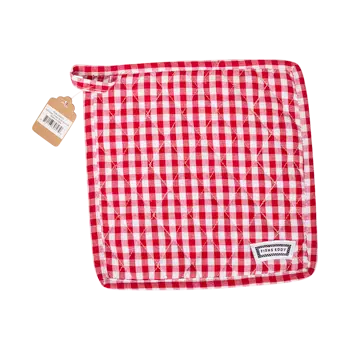 Sq Pot Holder - Gingham Red padded kitchen textile, with eye-catching graphics or color designed to feel useful as well as expressive; useful for handling warm cookware while adding coordinated pattern and color to the kitchen. Primary product view highlights the overall design and proportions.