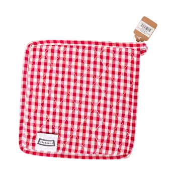 Sq Pot Holder - Gingham Red padded kitchen textile, with eye-catching graphics or color designed to feel useful as well as expressive; useful for handling warm cookware while adding coordinated pattern and color to the kitchen.