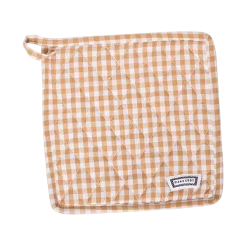 Sq Pot Holder - Gingham Tan padded kitchen textile, with eye-catching graphics or color designed to feel useful as well as expressive; useful for handling warm cookware while adding coordinated pattern and color to the kitchen. Primary product view highlights the overall design and proportions.