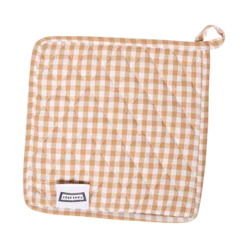 Sq Pot Holder - Gingham Tan padded kitchen textile, with eye-catching graphics or color designed to feel useful as well as expressive; useful for handling warm cookware while adding coordinated pattern and color to the kitchen.