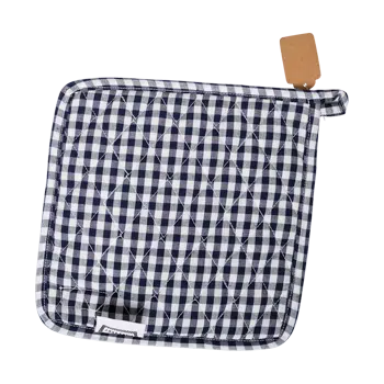 Sq Pot Holder - Gingham Navy padded kitchen textile, with eye-catching graphics or color designed to feel useful as well as expressive; useful for handling warm cookware while adding coordinated pattern and color to the kitchen.