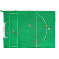 Green soccer field tea towel laid flat showing the goal box, center line and players