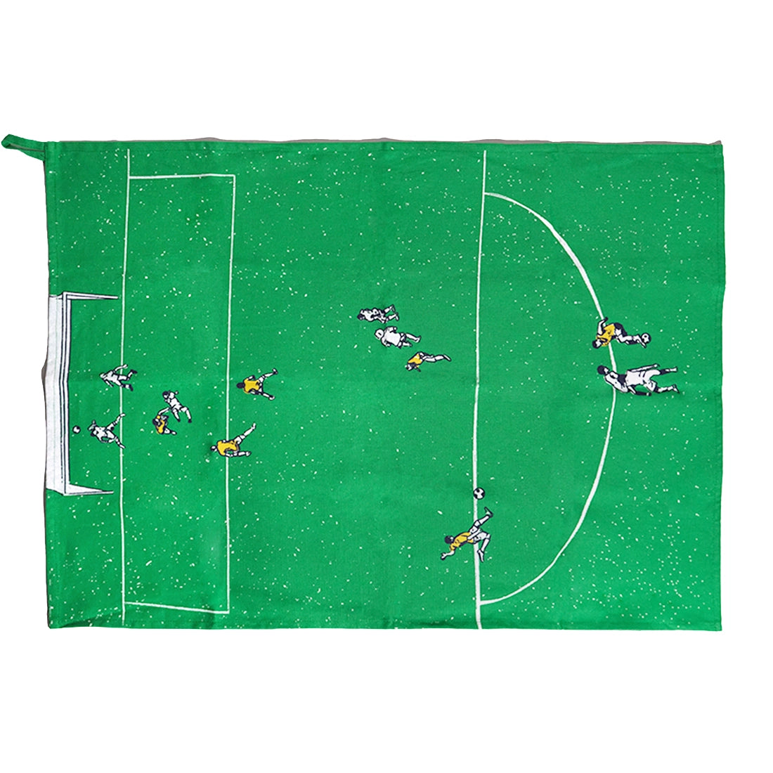 Green soccer field tea towel laid flat showing the goal box, center line and players