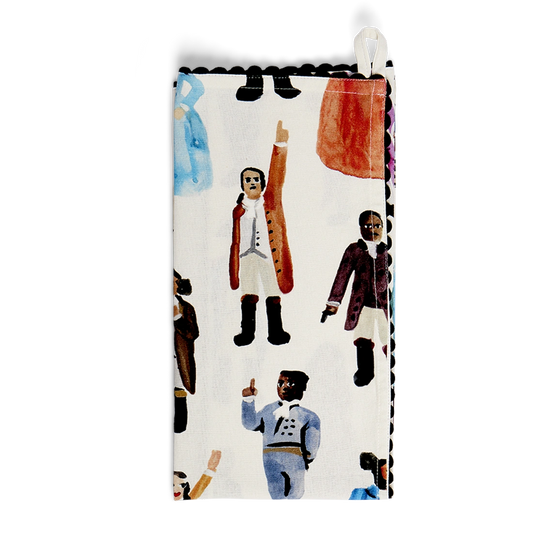 Hamilton-inspired cotton tea towel featuring illustrated musical-inspired characters.