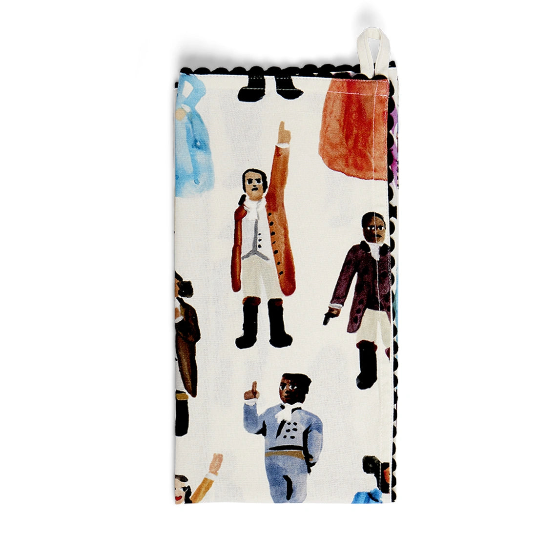 Hamilton-inspired cotton tea towel featuring illustrated musical-inspired characters.