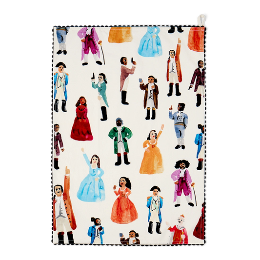 Hamilton-inspired cotton tea towel featuring illustrated musical-inspired characters.