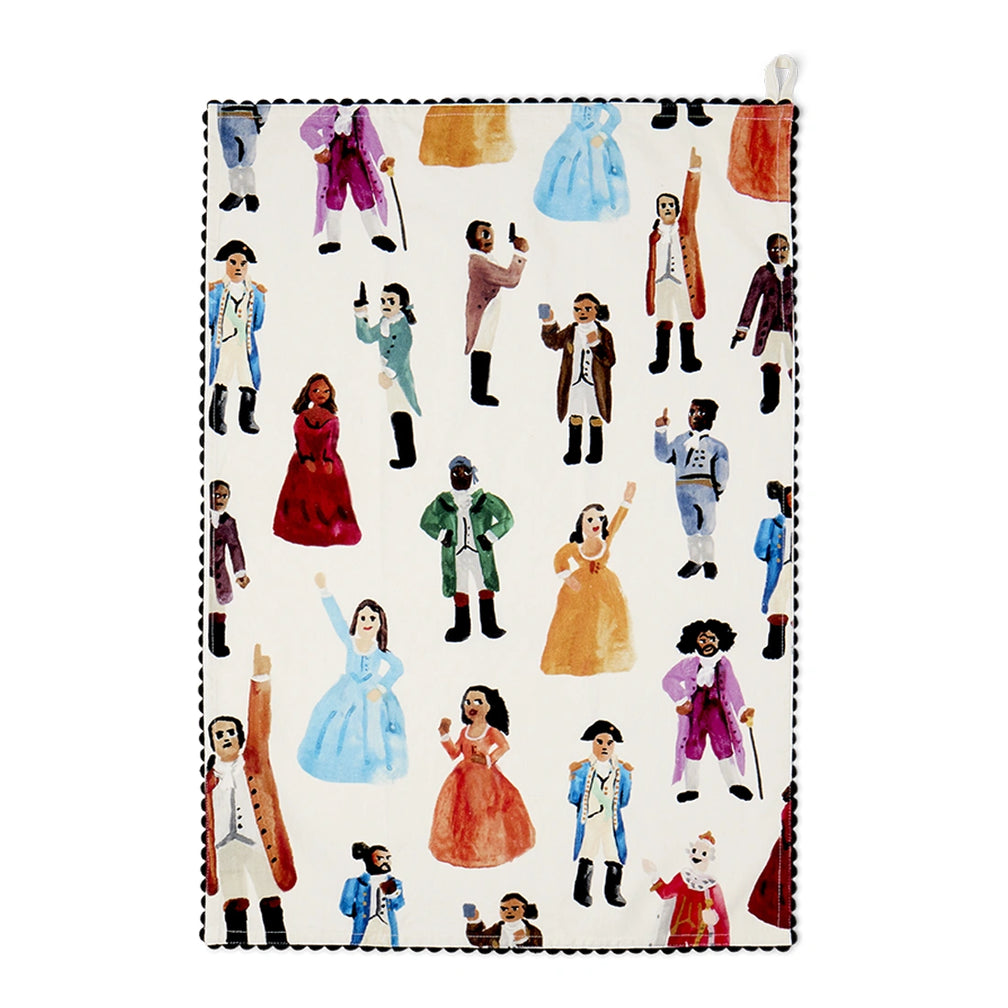 Hamilton-inspired cotton tea towel featuring illustrated musical-inspired characters.