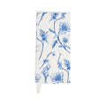 Folded cream tea towel with a blue vintage wildflower print and hanging loop