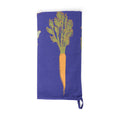 Folded royal blue tea towel with an illustrated orange carrot and green tops
