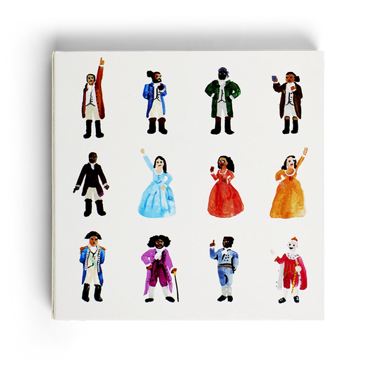 Hamilton-inspired book of matches featuring illustrated musical-inspired characters.