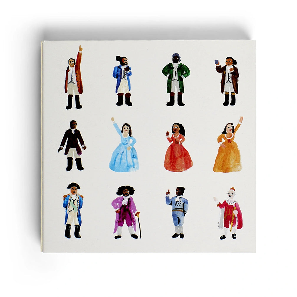Hamilton-inspired book of matches featuring illustrated musical-inspired characters.
