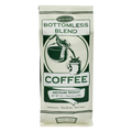 Coffee bag labeled 'Bottomless Blend' with a green and white design on a white background