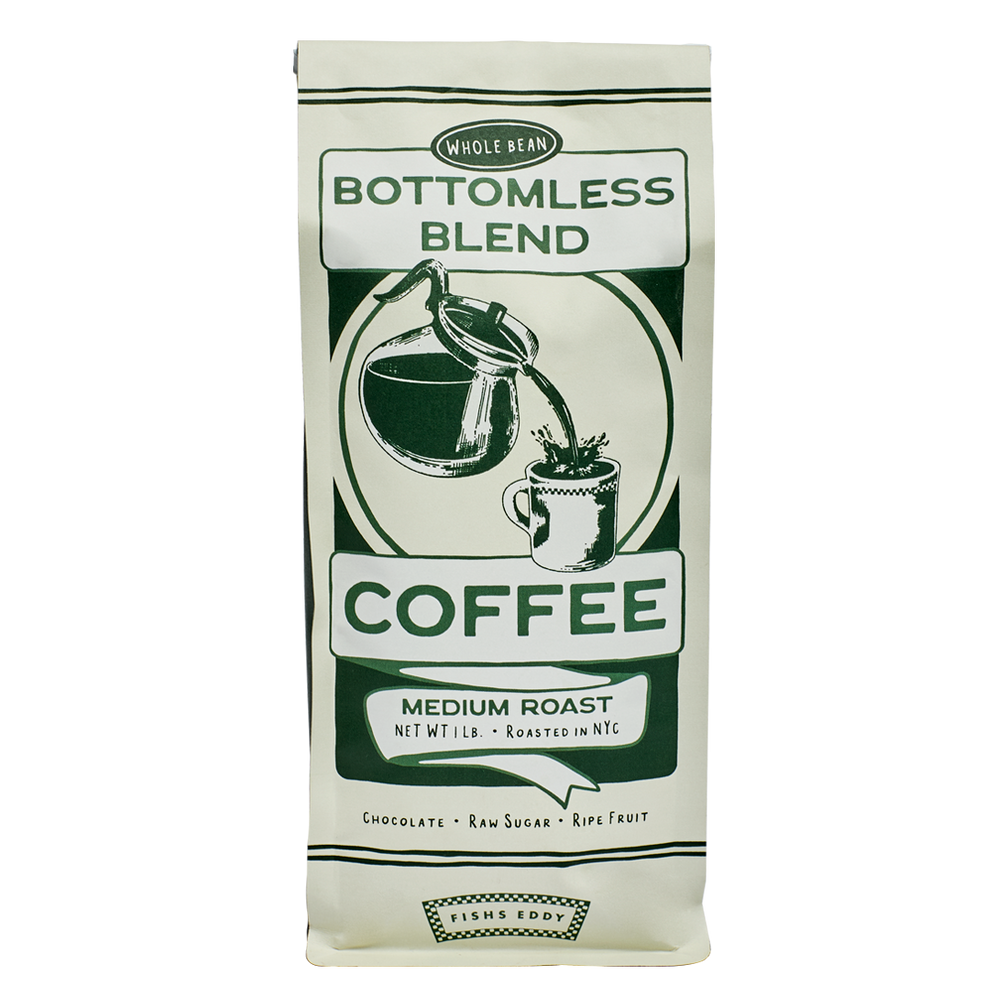 Coffee bag labeled 'Bottomless Blend' with a green and white design on a white background