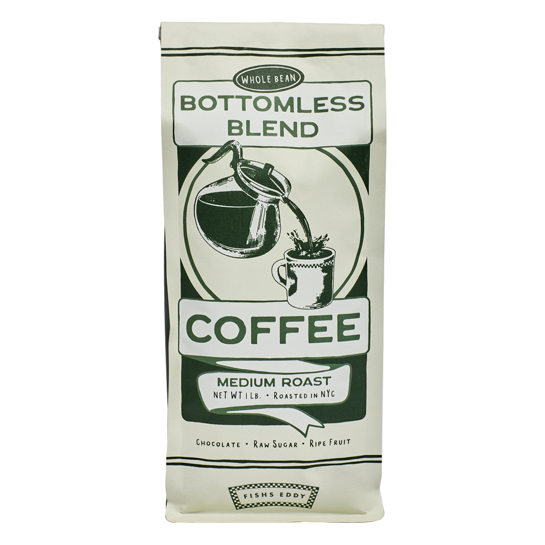 Coffee bag labeled 'Bottomless Blend' with a green and white design on a white background