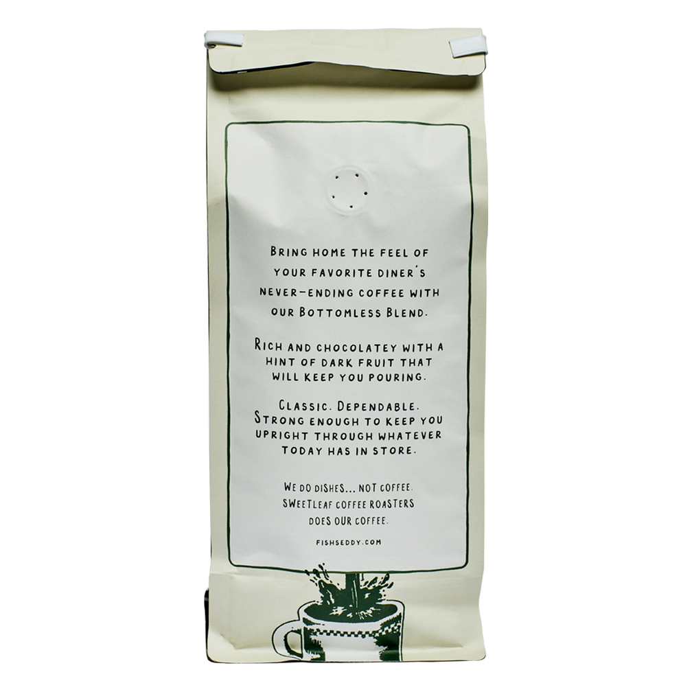 Coffee bag with text and a graphic of a coffee cup on a white background
