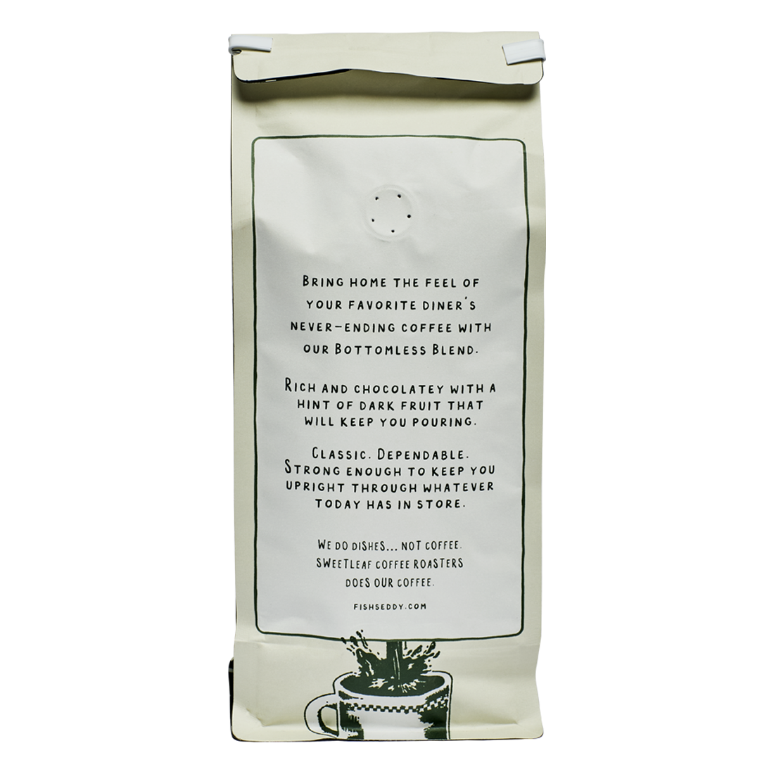 Coffee bag with text and a graphic of a coffee cup on a white background