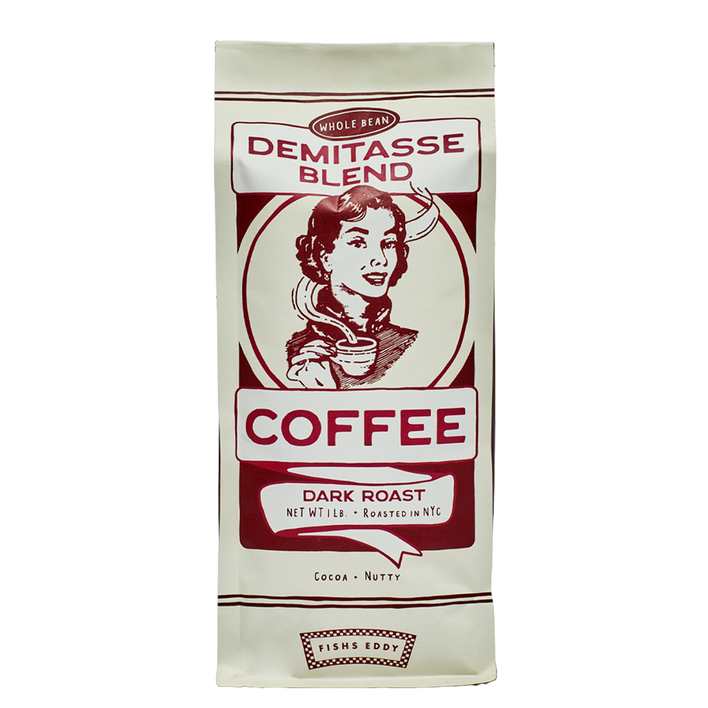 Coffee bag with vintage design featuring a woman holding a cup of coffee on a white background