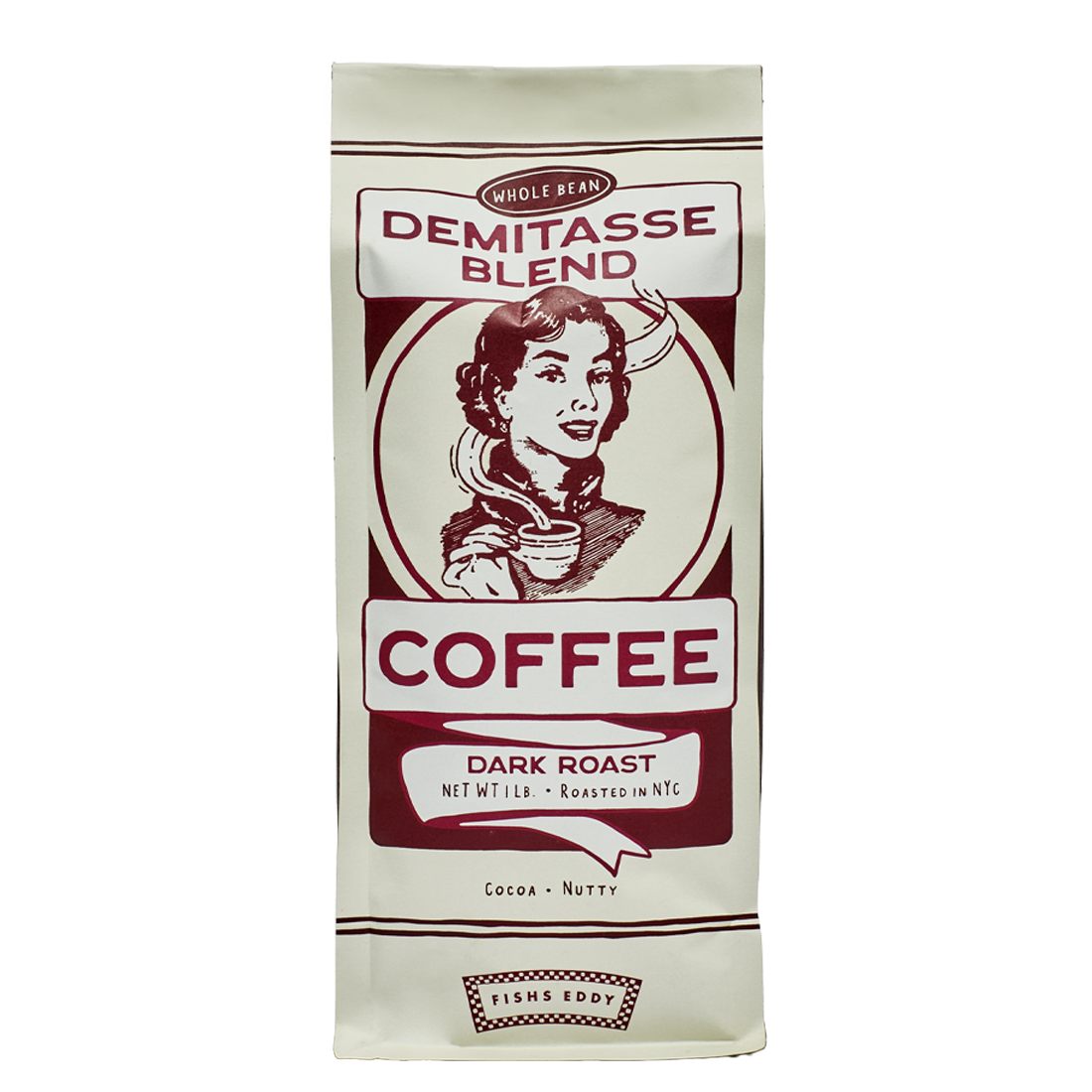 Coffee bag with vintage design featuring a woman holding a cup of coffee on a white background
