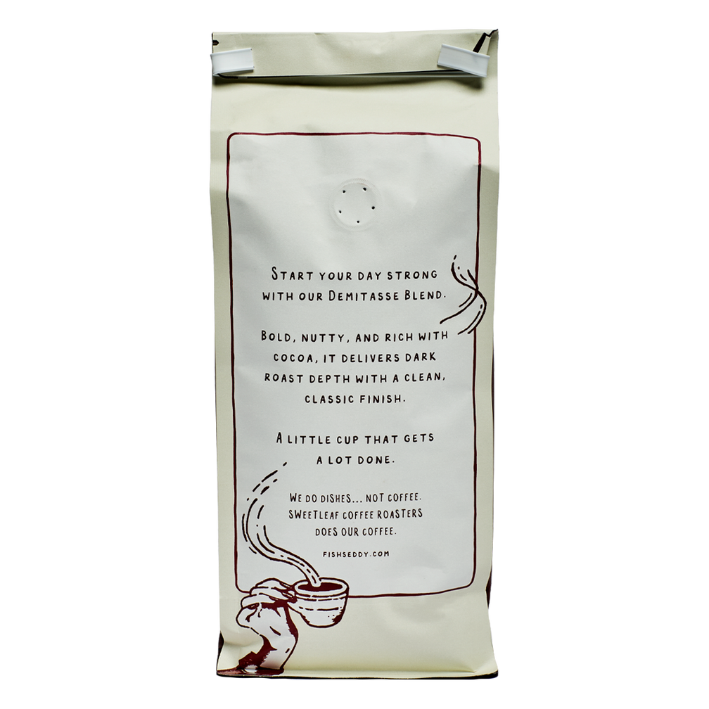 Coffee bag with text and graphics on a white background