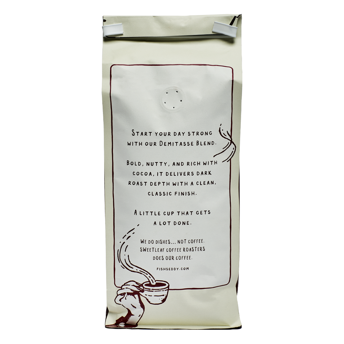 Coffee bag with text and graphics on a white background
