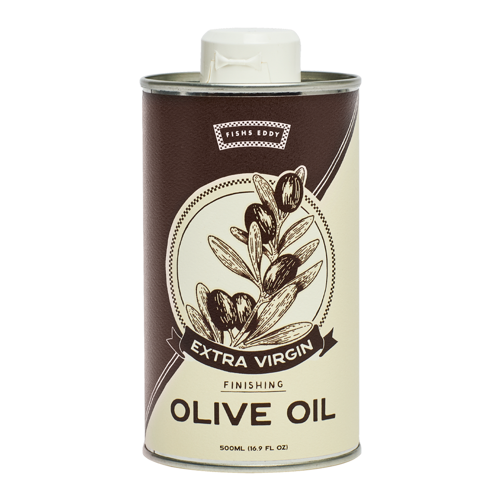 Can of extra virgin olive oil with brand logo on a white background