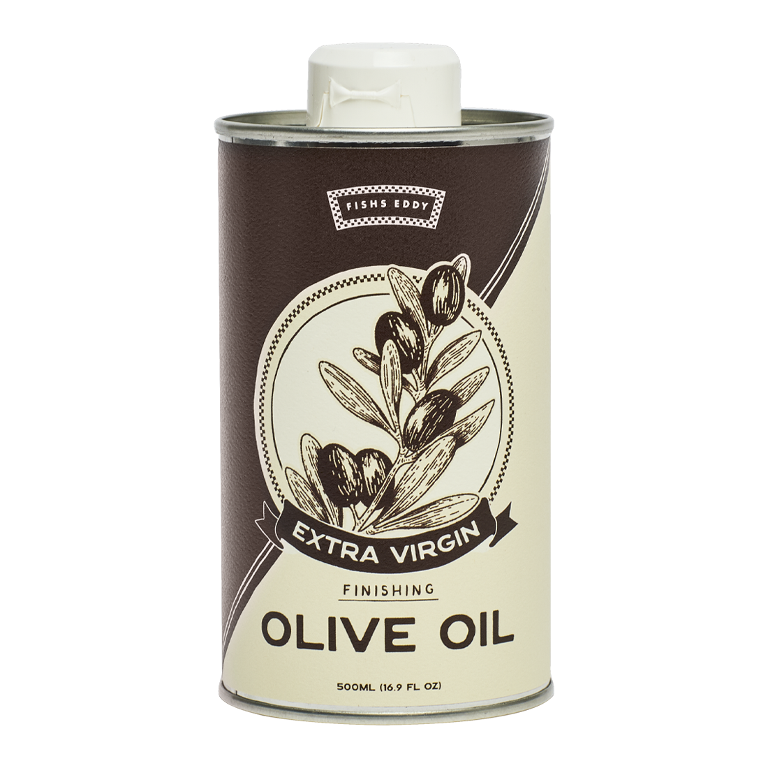 Can of extra virgin olive oil with brand logo on a white background