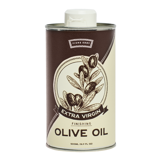 Can of extra virgin olive oil with brand logo on a white background