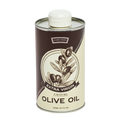Can of extra virgin olive oil with olive branch design on a white background