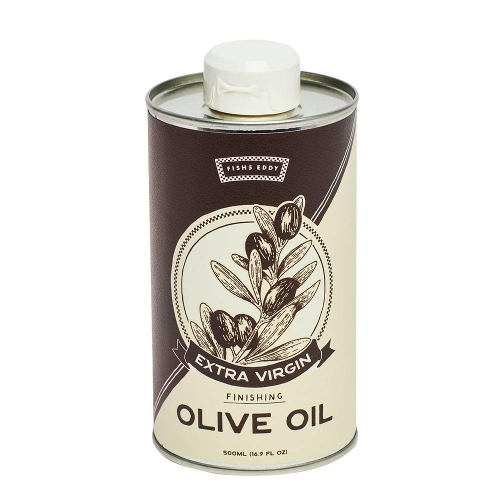 Can of extra virgin olive oil with olive branch design on a white background