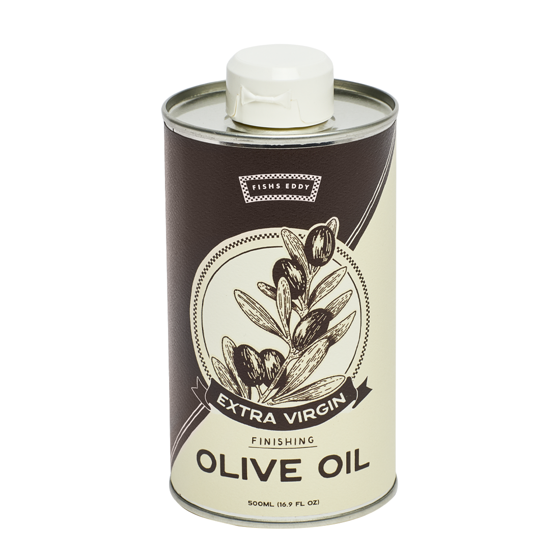 Can of extra virgin olive oil with olive branch design on a white background