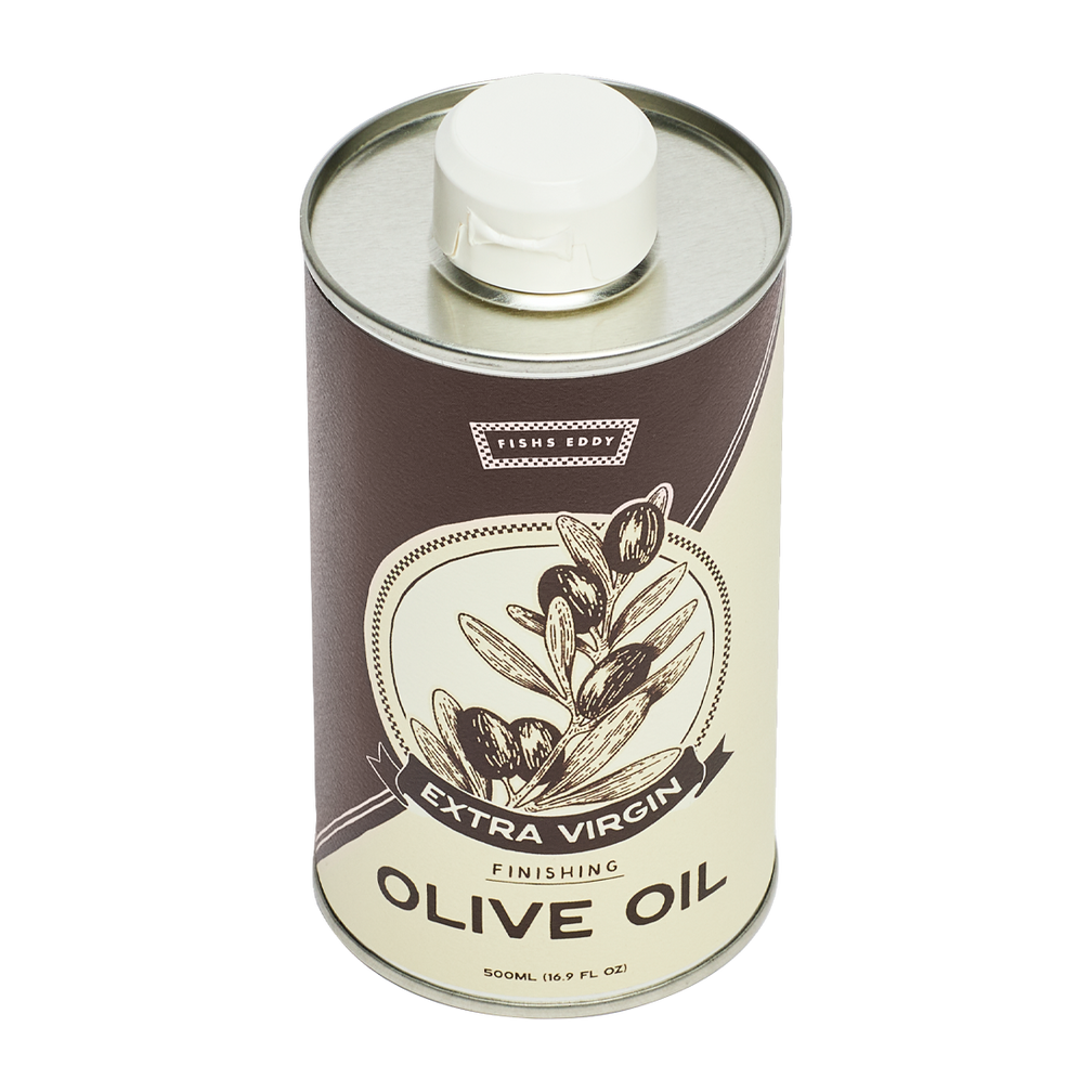 Can of olive oil with branding on a white background