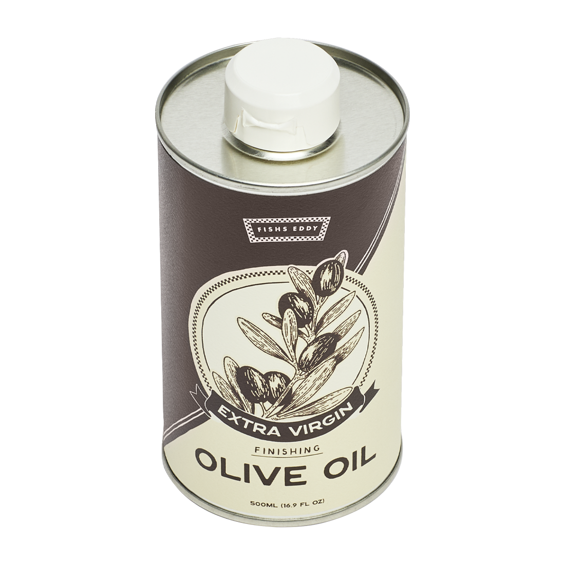 Can of olive oil with branding on a white background