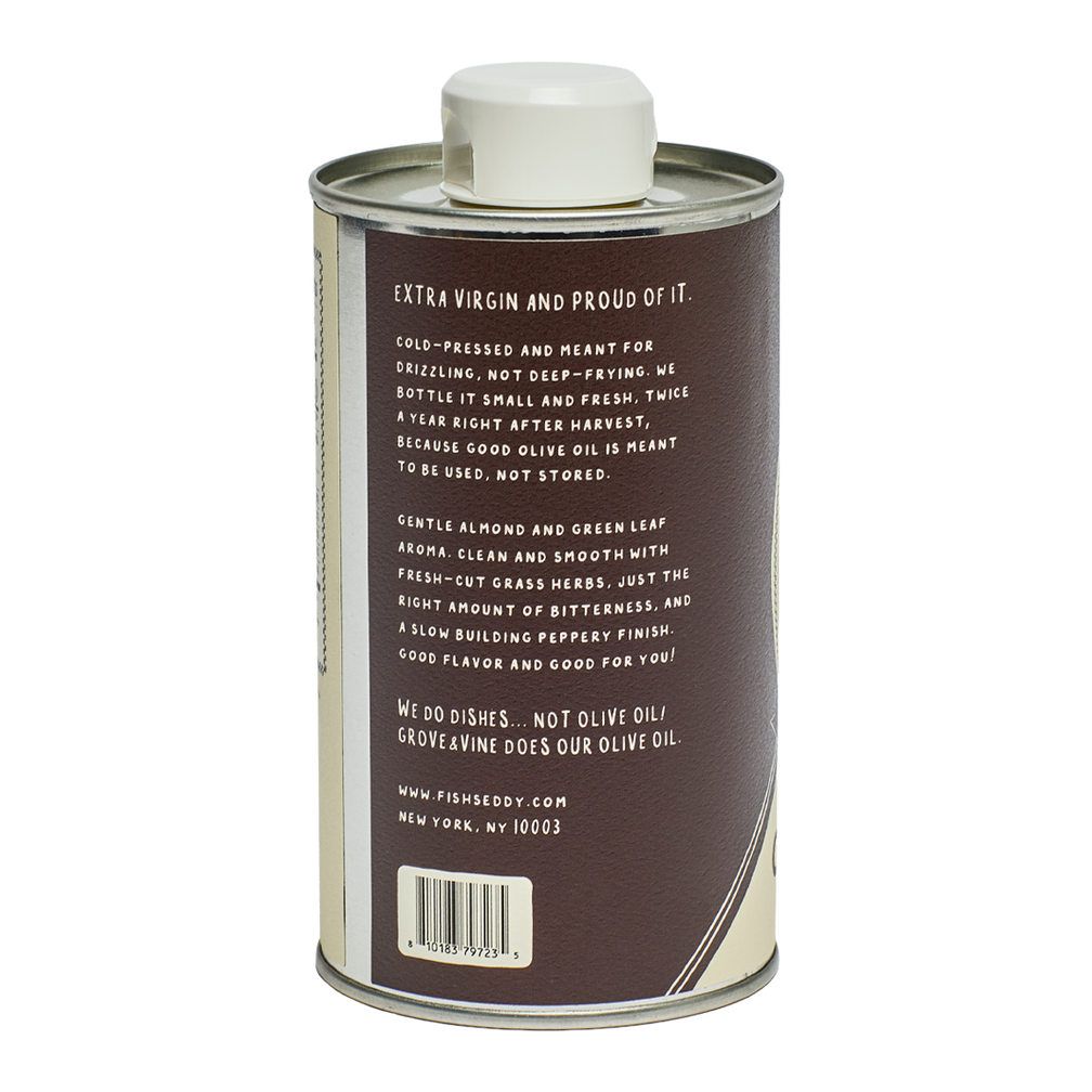 Can of olive oil with text on a white background