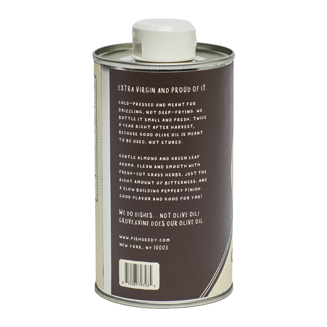Can of olive oil with text on a white background