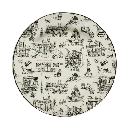 NYC Toile - Dinner Plate tableware, with a clean, polished finish and distinctive shape or artwork; a useful size for meals, appetizers, desserts, snacks, or layered place settings. Primary product view highlights the overall design and proportions.
