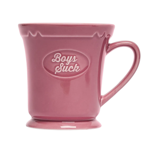 Boys Suck Mug ceramic drinkware, with a clean, polished finish and distinctive shape or artwork; a comfortable everyday choice for coffee, tea, cocoa, or desk-side sipping. Primary product view highlights the overall design and proportions.