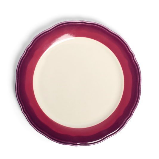 2-tone Scallop - Garnet/beet - Dinner Plate tableware, with a clean, polished finish and distinctive shape or artwork; a useful size for meals, appetizers, desserts, snacks, or layered place settings. Primary product view highlights the overall design and proportions.