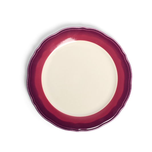 2-tone Scallop - Garnet/beet - Salad Plate tableware, with a clean, polished finish and distinctive shape or artwork; a useful size for meals, appetizers, desserts, snacks, or layered place settings. Primary product view highlights the overall design and proportions.